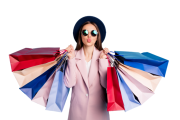 Portrait of cute sweet girl in eyewear eyeglasses on vacation prepare for valentine day date shop send air kisses wear pink coat isolated over blue background