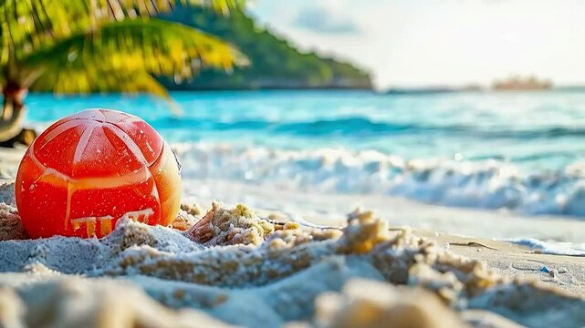 a beach ball  and  a palm tree