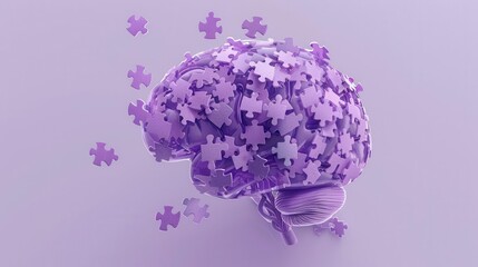 alzheimers awareness concept translucent human brain comprised of interlocking puzzle pieces some gently floating away soft purple hues symbolize hope and understanding of memory disorders