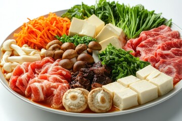A Plate of Raw Ingredients for a Japanese Hot Pot