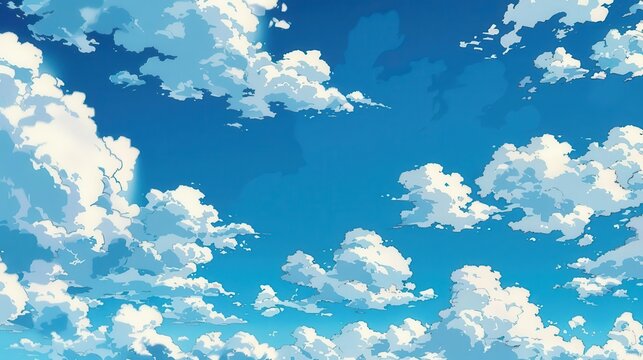animestyle cumulus clouds drifting across vibrant blue sky mangainspired linework
