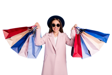 50% off! Portrait of cute sweet cheerful girl in eyewear eyeglasses go shopping buy present gifts on her vacation  wear pink season coat isolated on blue background