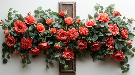 Floral arrangement of vibrant red roses decorates a wall with lush greenery in an inviting indoor setting. Generative AI