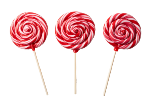 Three Colorful Lollipops Isolated on Transparent Background: Perfect for Graphic Design Projects, Party Invitations, and Food Packaging Designs.