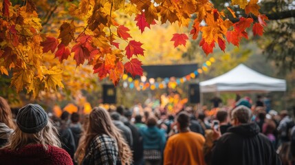 Naklejka premium Vibrant Autumn Festival with Colorful Foliage and Crowd