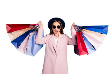 Portrait of astonished funny lady in eyewear eyeglasses go shopping find wonderful bargain hold...