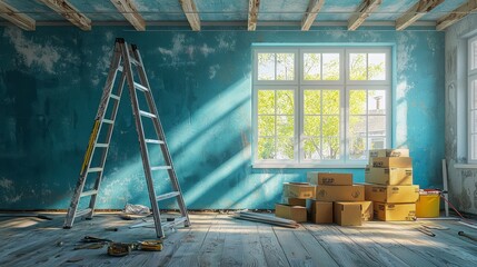 Obraz premium Room under renovation with ladder, cardboard boxes, and sunlight streaming through windows