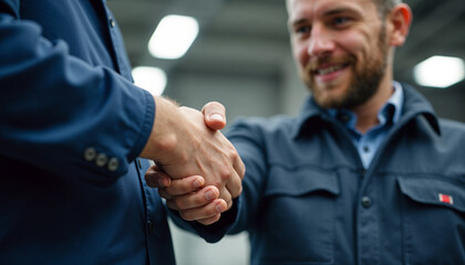 Close-up of auto repair manager and mechanic shaking hands in a workshop.