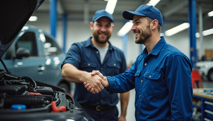 Close-up of auto repair manager and mechanic shaking hands in a workshop.