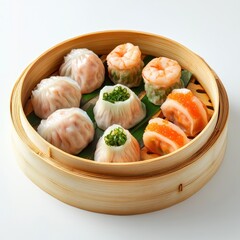 Steamed Dumplings and Shrimp in a Bamboo Steamer