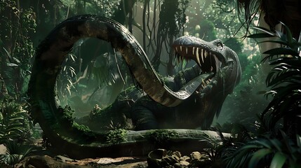 Titanoboa coiled around prehistoric mammoth jaw unhinged begin swallow massive prey scene capture raw power primal ferocity of Titanoboa set against backdrop of lush primeval forest dense foliage