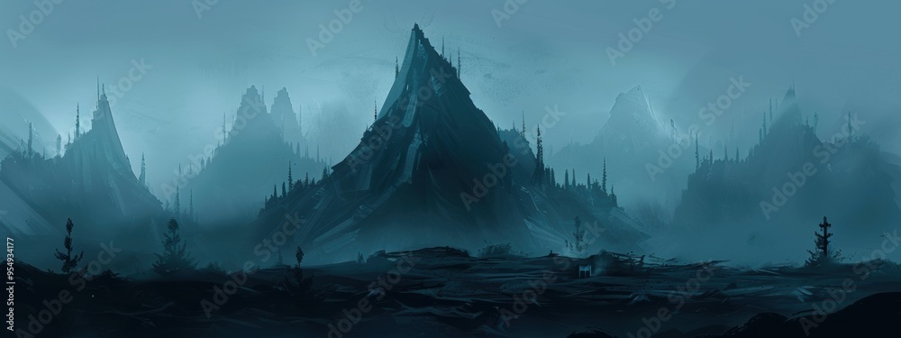 Wall mural A large, storybook-style mountain of death, dark in color, using a soft, round brush.