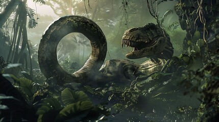 Titanoboa coiled around prehistoric mammoth jaw unhinged begin swallow massive prey scene capture raw power primal ferocity of Titanoboa set against backdrop of lush primeval forest dense foliage