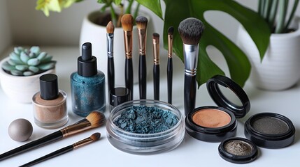 Beauty essentials arranged artfully on a table with plants accentuating the vibrant colors and textures in daylight. Generative AI