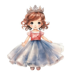 Fototapeta premium Watercolor Illustration of a Young Girl in a Blue Dress and Crown