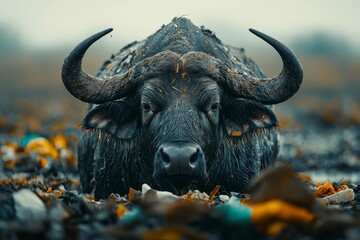 Naklejka premium A Buffalo's Intense Gaze Amidst Waste