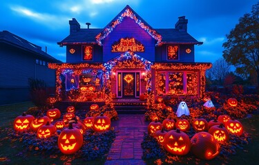 Fototapeta premium Gleaming pumpkins, eerie ghosts, and brilliant lights adorn a gorgeously adorned home.