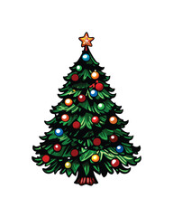 Vector illustration of a Christmas tree with red, blue, yellow and orange ornaments.