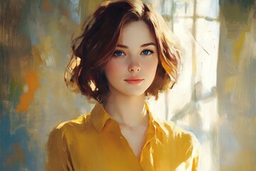 Naklejka premium Portrait of a woman with yellow shirt: Graceful Confidence: A Cinematic Oil Portrait in Soft Strokes.
