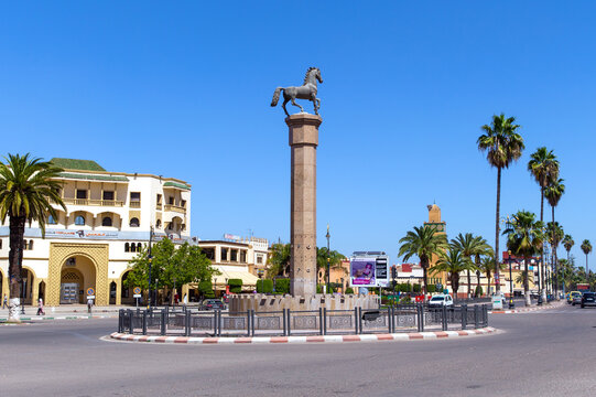 Statue of horse on tall column in the center of King Mohammed v square. City of Settat. Morocco