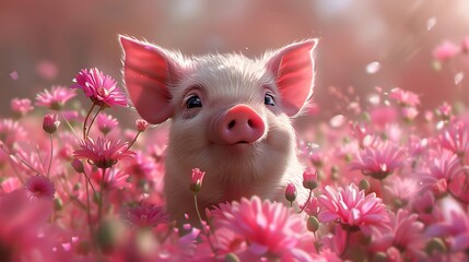 A cute pink piglet with blue eyes peeks out of a field of pink flowers.