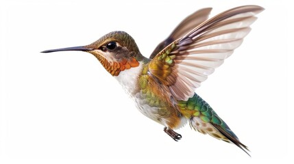 breathtaking hummingbird frozen midflight against a pure white background wings a blur of iridescent colors beak precisely targeting an unseen flower