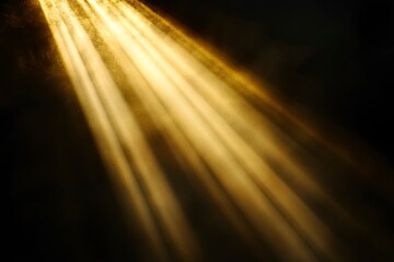 Golden beams of bright light shining on black background , ai