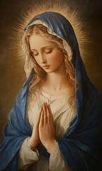 Obraz premium Virgin Mary, depicted with an aura of divine light surrounding her head. She is shown with her hands clasped in prayer, her eyes closed in deep spiritual reflection. 