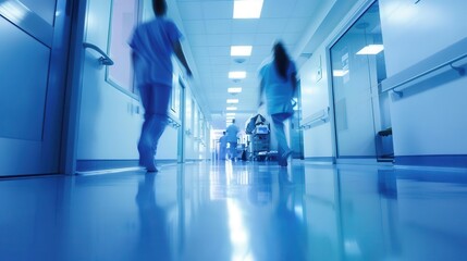 bustling hospital corridor bathed in cool sterile light blurred figures of medical professionals hurry past stateoftheart equipment conveying urgency and expertise