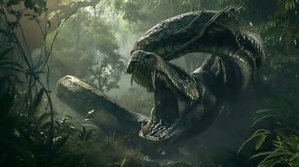 Titanoboa coiled around prehistoric mammoth jaw unhinged begin swallow massive prey scene capture raw power primal ferocity of Titanoboa set against backdrop of lush primeval forest dense foliage