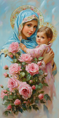 A serene portrait of the Virgin Mary, adorned with roses and a golden halo, symbolizing purity and divine grace.