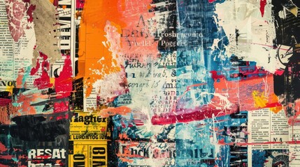 Obraz premium chaotic newspaper clipping collage vintage typography bold color splashes grunge texture overlay dynamic composition