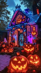 Obraz premium Gleaming pumpkins, eerie ghosts, and brilliant lights adorn a gorgeously adorned home.