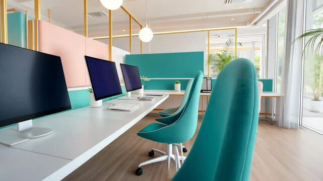 Modern empty office workspace with stylish teal chairs, large computer monitors, and bright natural light, showcasing a contemporary and vibrant interior design