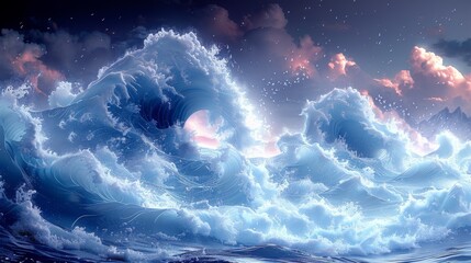 Stylized digital illustration of an ocean wave in the style of Japanese woodblock prints, featuring dynamic blue and white waves with intricate details and a serene gradient background.