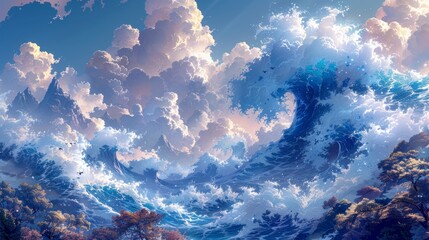 Stylized digital illustration of an ocean wave in the style of Japanese woodblock prints, featuring dynamic blue and white waves with intricate details and a serene gradient background.