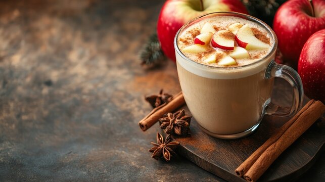 Apple pie spices latte drink, cosy autumn warm coffee beverage with apple pie syrup and spices, with fresh red apples, cinnamon, anise, copy space,