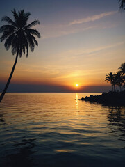 A serene illustration of a summer sunset over the ocean, with the sun dipping below the horizon, casting warm, golden hues across the sky and reflecting on the gentle waves