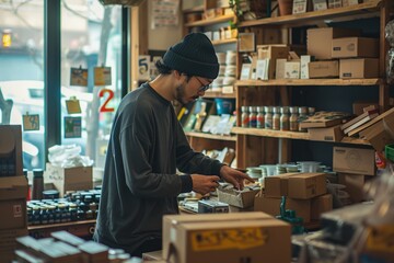 Young Man Organizing Products in Cozy Store