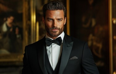 An attractive male celebrity in a perfect black tuxedo