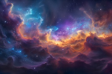 Fototapeta premium A vibrant cosmic landscape with swirling clouds and stars in a deep space setting during the night