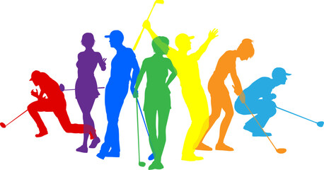 Silhouette golf player set. Active golfers golfing sports people healthy players fitness silhouettes concept.
