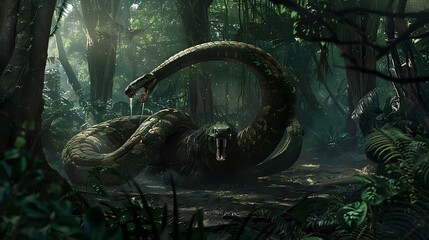 Titanoboa coiled around prehistoric mammoth jaw unhinged begin swallow massive prey scene capture raw power primal ferocity of Titanoboa set against backdrop of lush primeval forest dense foliage