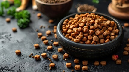 Close-up of dry dog food kibble in a wooden bowl on a dark surface.