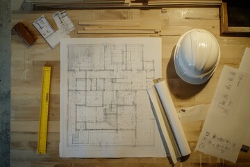 Blueprints and construction tools lay on a wooden table. Focus on planning and design. A hard hat sits beside the drawings. Ready for the next construction project. Generative AI