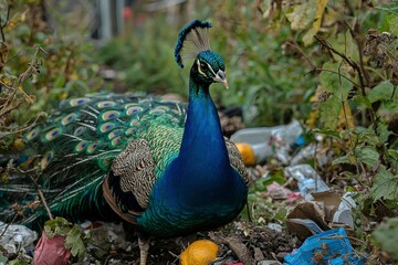 Obraz premium Peacock Amidst Trash and Foliage