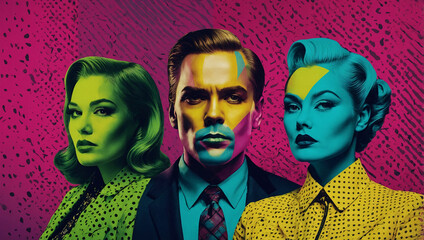 A vibrant wallpaper showcasing stylized portraits of iconic figures in Pop Art style, with exaggerated features, bright colors, and halftone patterns