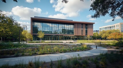 Obraz premium Modern Glass and Wooden Architecture in a Lush Urban Landscape