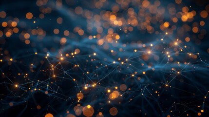 Close-up of an abstract geometric surface with interconnected triangular facets and glowing orange nodes