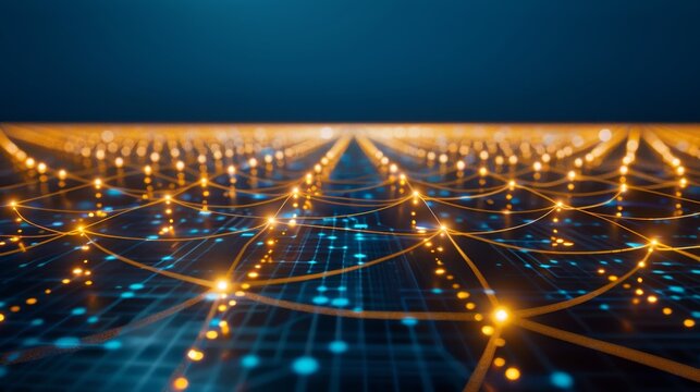 Close-up of an abstract geometric surface with interconnected triangular facets and glowing orange nodes